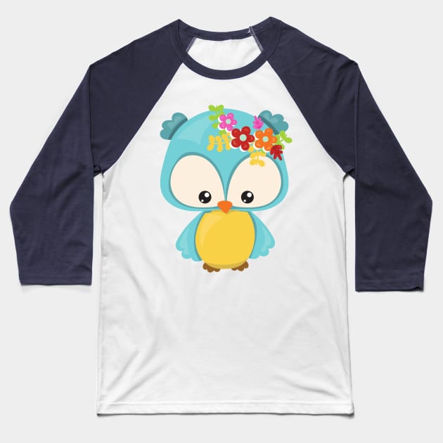 Spring Animals, Cute Owl, Little Owl, Flowers Baseball T-Shirt by Jelena Dunčević